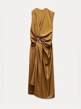 Zara Asymmetrical Knot-Detail Maxi Dress in Mustard Brown